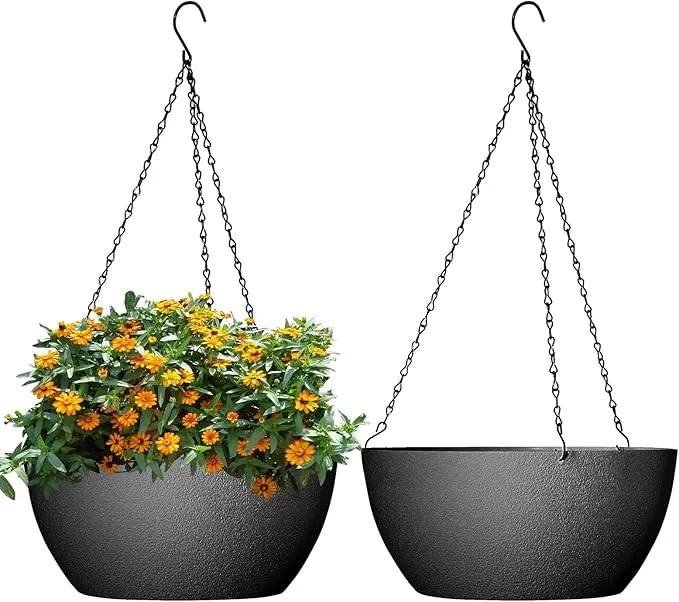 10 inch Hanging Planters for Outdoor Indoor Plants with Drainage Holes and Chain, 2 Pack Round Hanging Flower Plant Pots for Garden Home Porch Decor, White