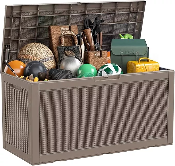 100 Gallon Outdoor Deck Box,Storage Lockable Waterproof Patio Furniture,Garden Tools,Cushions,Pool Accessories Outside Storage Resin Box(Grey)