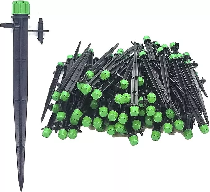 (100-PACK) - 1/4" Inch Universal 360* Degree Drip Emitter On 5" Stake - Adjustable Flow 0-18.5 GPH Fit 1/4 (4-7mm) Drip Irrigation Tubing - Professional Grade Drippers for Drip Irrigation