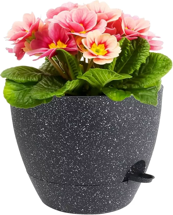 12 inch Large Self Watering Pots for Indoor Outdoor Plants, Flower Plant Pots with Mesh Drainage Holes for Garden, Plastic Planters with Reservoir for Home Plants, Black with Green Speckles