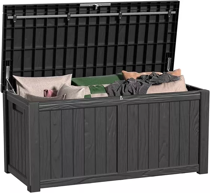 120 Gallon Outdoor Deck Box,Storage Lockable Waterproof Patio Furniture,Garden Tools,Cushions,Pool Accessories Outside Storage Resin Box(Black)