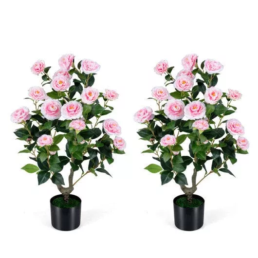 2-Pack Artificial Camellia Tree Faux Flower Plant in Cement-Filled Pot-White