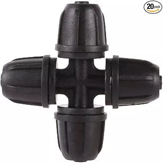20-Pack Quick-Connect Locking 1/4" Drip Irrigation Tee 4-Way Cross, Upgraded Coupling Connectors, Tee Fittings for 1/4 Inch Irrigation Tubing, Drip Kit (Cross - 20 Pack)