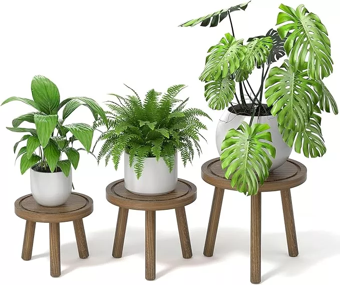 3-Pack Wood Plant Stands Indoor, Single Plant Stand for 6-12 Inch Pots, Mid-Century Modern Plant Stool, Tall Plant Stand for Large Plants for Living Room, Balcony, Office (Light Brown