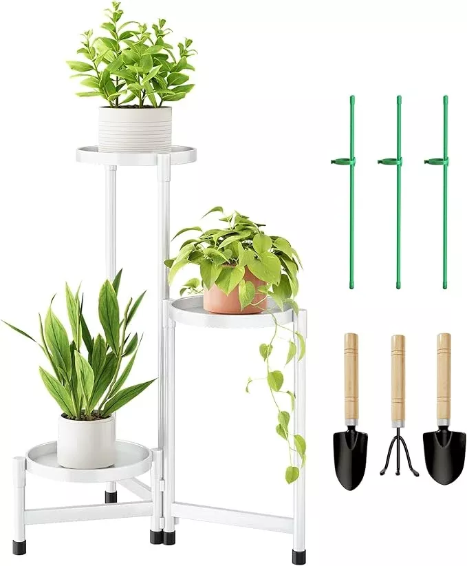 3 Tier Metal Plant Stand Indoor, Rotatable Corner Plant Shelf Outdoor, Tiered Flower Pot Display Stand, Multiple Plants Holder for Patio Living Room Balcony Garden Home Decor - White