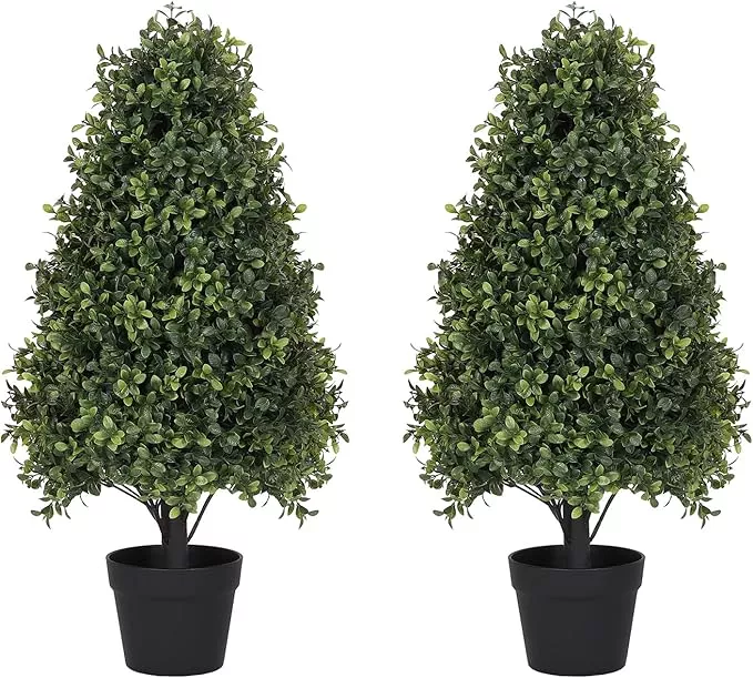 30" Boxwood Topiary Trees Artificial Outdoor Set of 2, UV Resistant Faux Plants for Front Porch Planters, Realistic Cone-Shaped Fake Bushes & Shrubs, 2.5ft Evergreen Decoration
