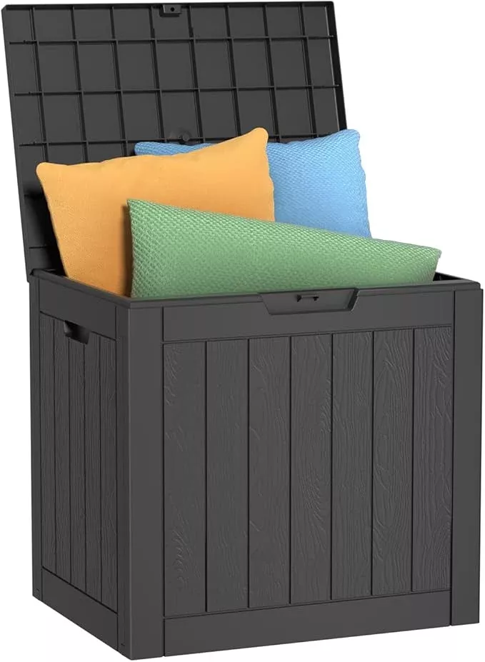 36 Gallon Outdoor Deck Box,Storage Lockable Waterproof Patio Furniture,Garden Tools,Cushions,Pool Accessories Outside Storage Resin Box(Grey Pattern)