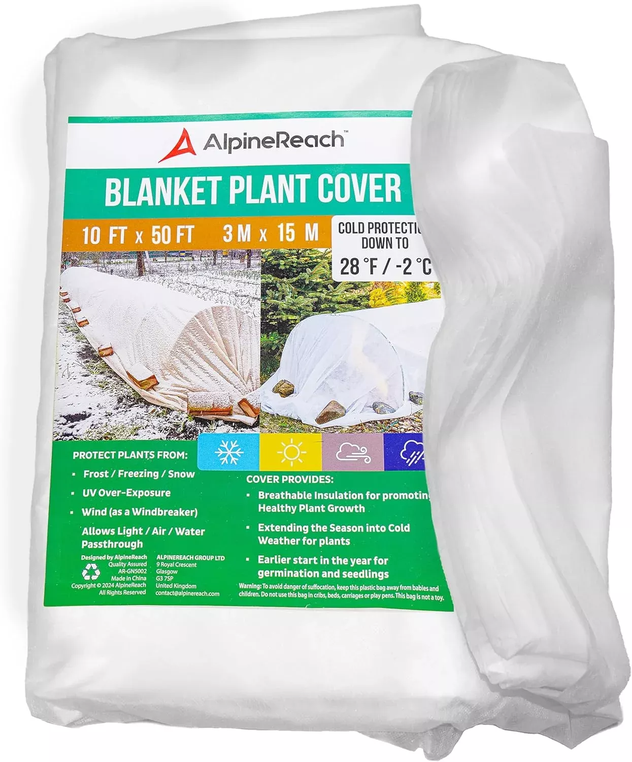 AlpineReach Plant Covers Frost & Sun Protection 10 x 50 ft - Thick 1.2 oz/yd² Freeze Blanket to Low 28 °F Temperatures Floating Row, Garden Fabric Material, Protect in Winter Cold, Gardening Down