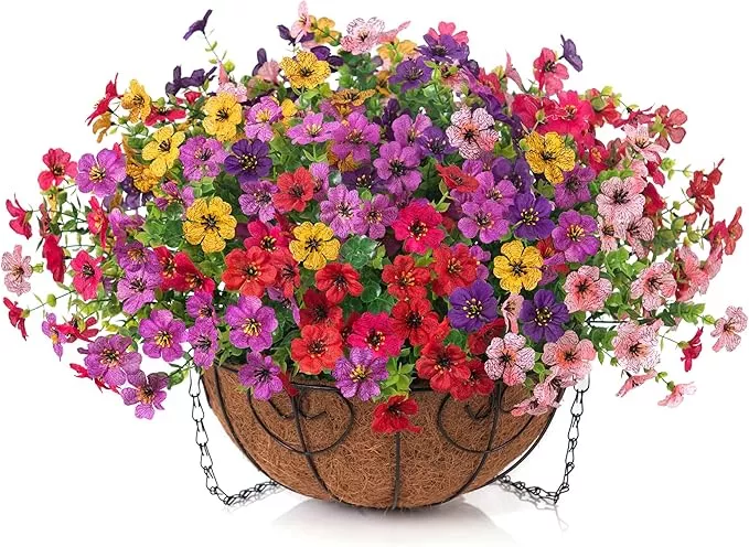 Artificial Fake Hanging Plants Flowers with Basket Outdoor Decor Faux Silk Dasiy Flower Arrangements in Pot Planter for Porch Home Indoor Patio Garden Yard Decoration