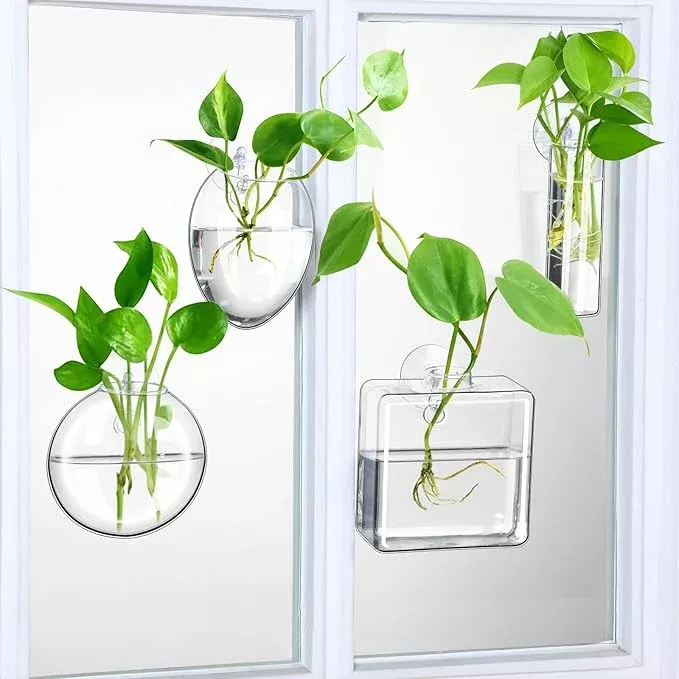 Baderke 4 Pcs Wall Hanging Planter Wall Window Propagation Station Hanging Planter Glass Terrarium Container Plant Propagation Station Vase for Garden Office Decor(Geometric)