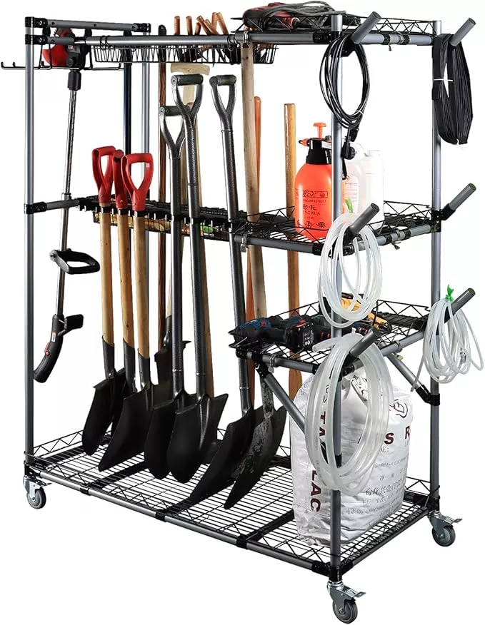 BIG Garden Tool Organizer with Wheels - Rolling Storage Rack - Multifunctional Cart