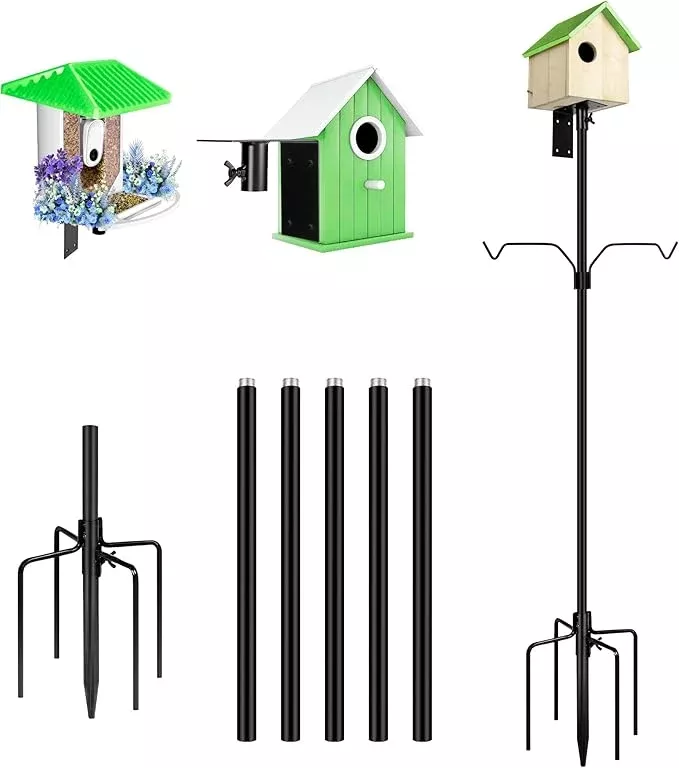 Bird House Pole, 95 Inch Heavy Duty Bird Feeder Pole Mount Kit for Outdoors, Adjustable Feeding Stand, with 2-Hooks, Metal Squirrel Baffle and 5-Prong Base, for Birds Watching