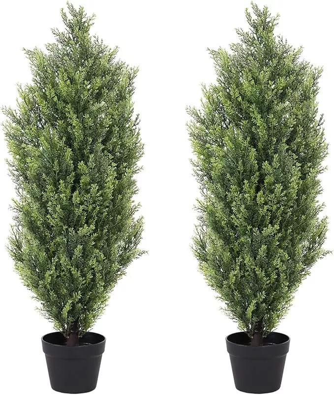 THE BLOOM TIMES 3ft Topiary Trees Artificial Outdoor 2 Pack – UV Resistant Faux Cedar Pine Cypress Bushes and Shrubs, Fake Potted Plants for Front Porch Outside Planter Patio Decor, Set of 2 (3 Foot)