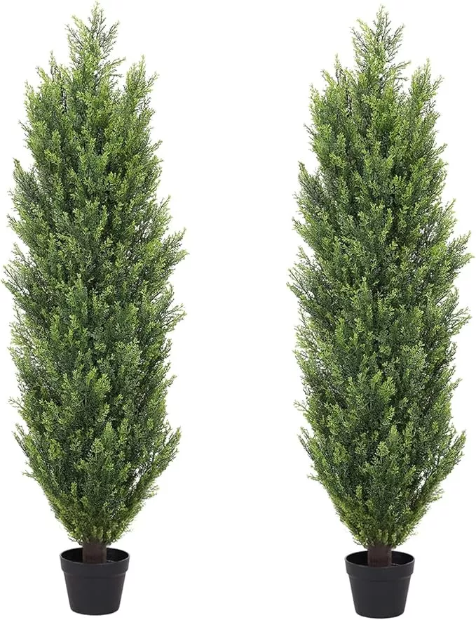 THE BLOOM TIMES 4ft Topiary Trees Artificial Outdoor 2 Pack – UV Resistant Faux Cedar Pine Cypress Bushes and Shrubs, Fake Potted Plants for Front Porch Outside Planter Patio Decor, Set of 2 (4 Foot)