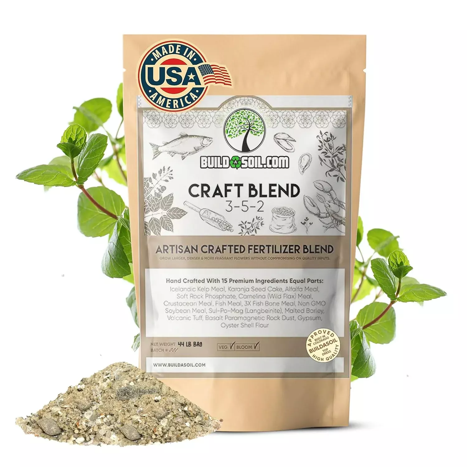 BuildASoil Fertilizer for Vegetable Garden and Ogranic Plant Food | Hand-Crafted Organic Fertilizer with 15 Premium Ingredients | Ensures Larger Plants and More Fragrant Flowers (44 LB - Large Bag)