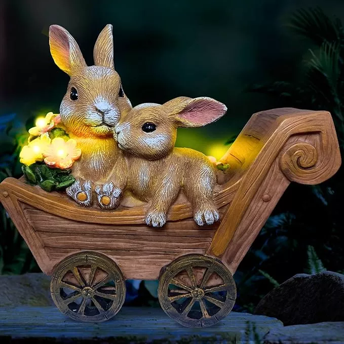 Bunny Solar Garden Statues, Rabbit Decor & Yard Ornaments, Cute Garden Decor for Outside, Gifts for Moms, Solar Figurines Outdoor Statue, Gardening Gifts for Women, Bunnies Ornament - Medium