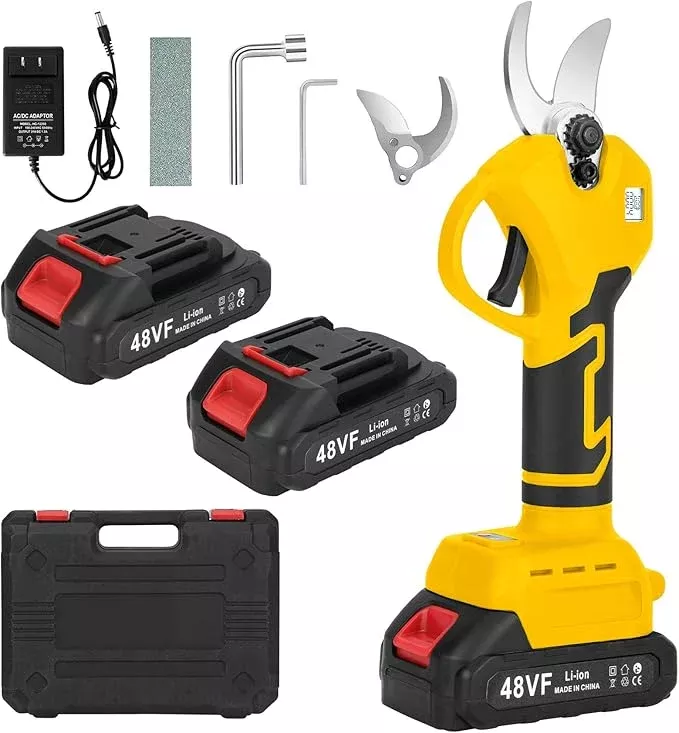 Electric Pruning Shears, Cordless Electric Scissors with 2 PCS Rechargeable 48V 2.0 Ah Batteries & 2 Blades, 1.6" Cutting Diameter Pruning Shears Garden Tool for Tree Trimming Branch Cutter(Yellow)