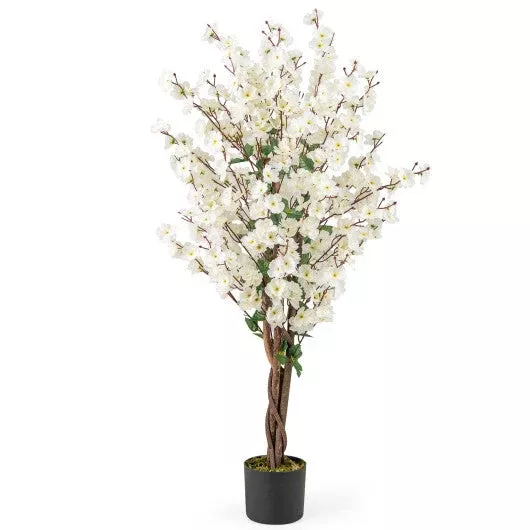 Faux Plum Blossom Plant with White Fabric Flower and Solid Wood Trunk-White