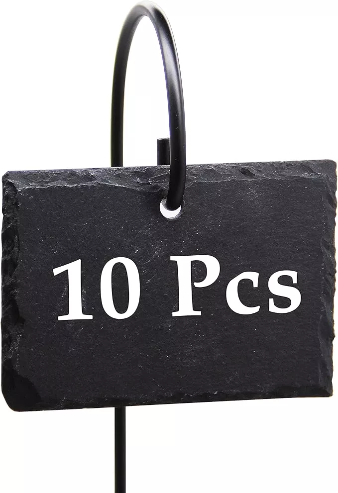 FORUP Plant Labels, 10pcs Garden Markers Signs Labels, Weatherproof Reusable Natural Slate Hanging Tags on Stainless Steel Metal Rod for Flower Bed, Pots, Planters