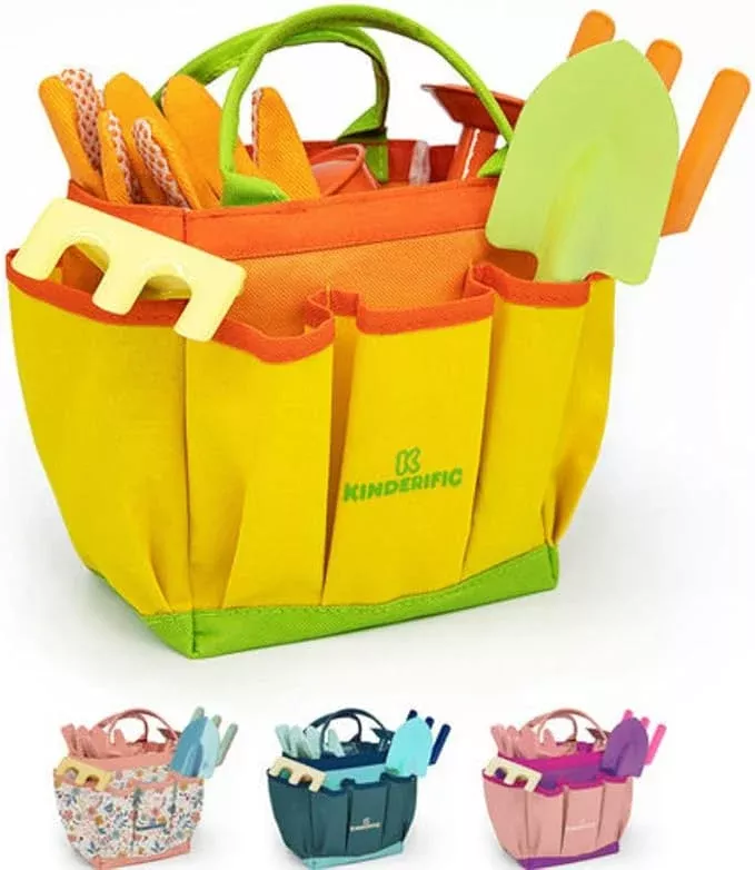 Gardening Set, Tool Kit, for Kids, STEM, Includes Tote Bag, Spade, Watering Can, Rake, Fork, Trowel and Gloves (Petal)