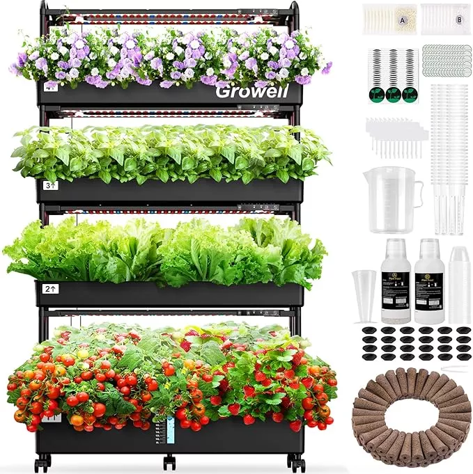 Growell Large Hydroponics Growing System Kit, 120 Pods Vertical Hydroponic Garden with 2 Light Modes Grow Light, Auto Circulating Water System, 48L Indoor Gardening System for Herb Vegetable Fruit