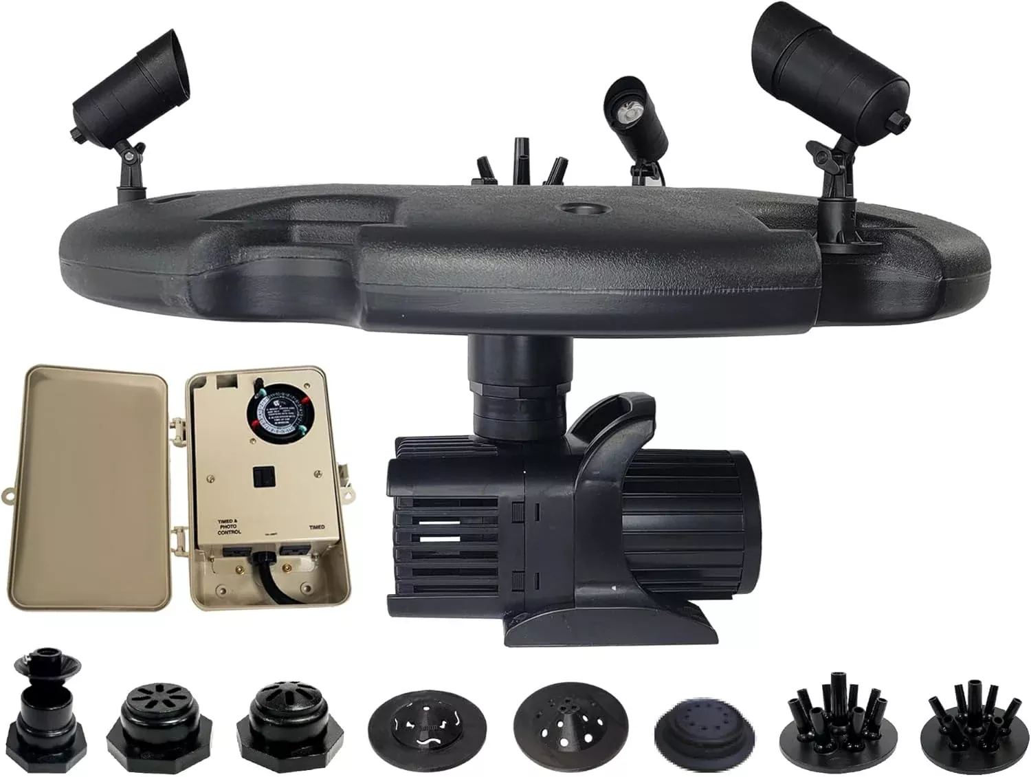 HALF OFF PONDS Floating Fountain – 1.2 HP Pond Aerator with 200' Cord – 10,000 GPH Water Pump – 11 Spray Patterns - Color-Changing Lights & Control Box - for Large Ponds, Lakes & Water Gardens