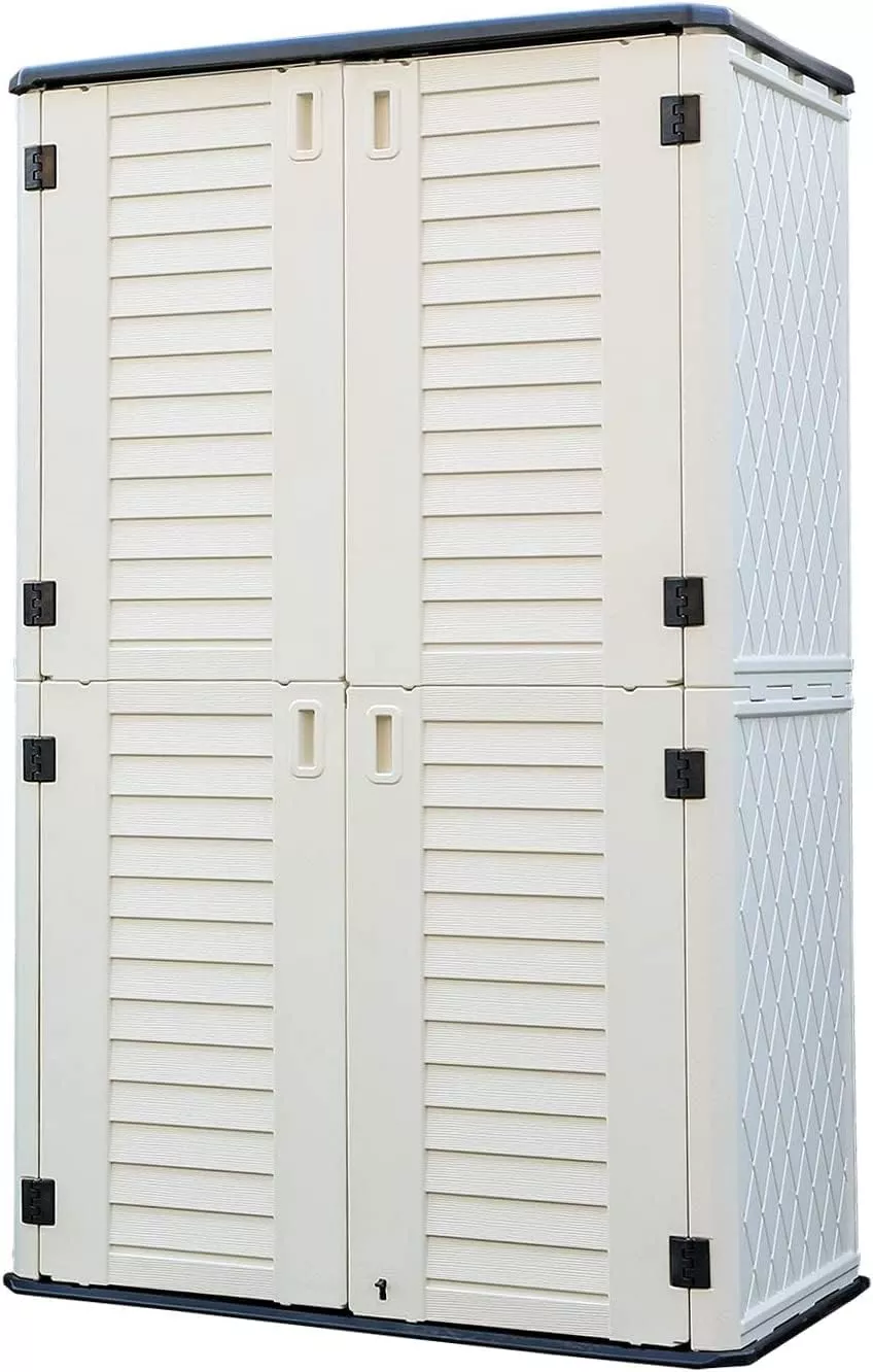 HOMSPARK Storage Shed Weather Resistance, Multi-Purpose Outdoor Storage Cabinet Waterproof, Outdoor Storage Cabinet for Garbage Cans, Lawnmower, Garden Accessories (White, Tall shed-53 cu ft)