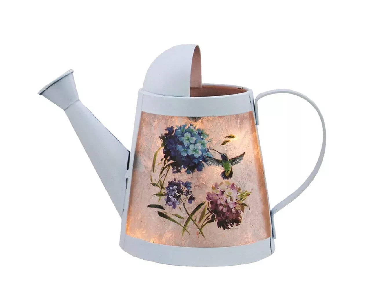 Hydrangea and Hummingbird Lighted Watering Can - Blue