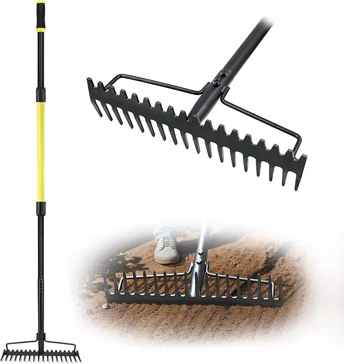 Jardineer Bow Rake Heavy Duty, Long Handle Metal Rakes for Gravel, Rocks, Lawns Leaves, Soil Leveling, Landscaping, Garden Rake with 18 Steel Tines (59 Inches)