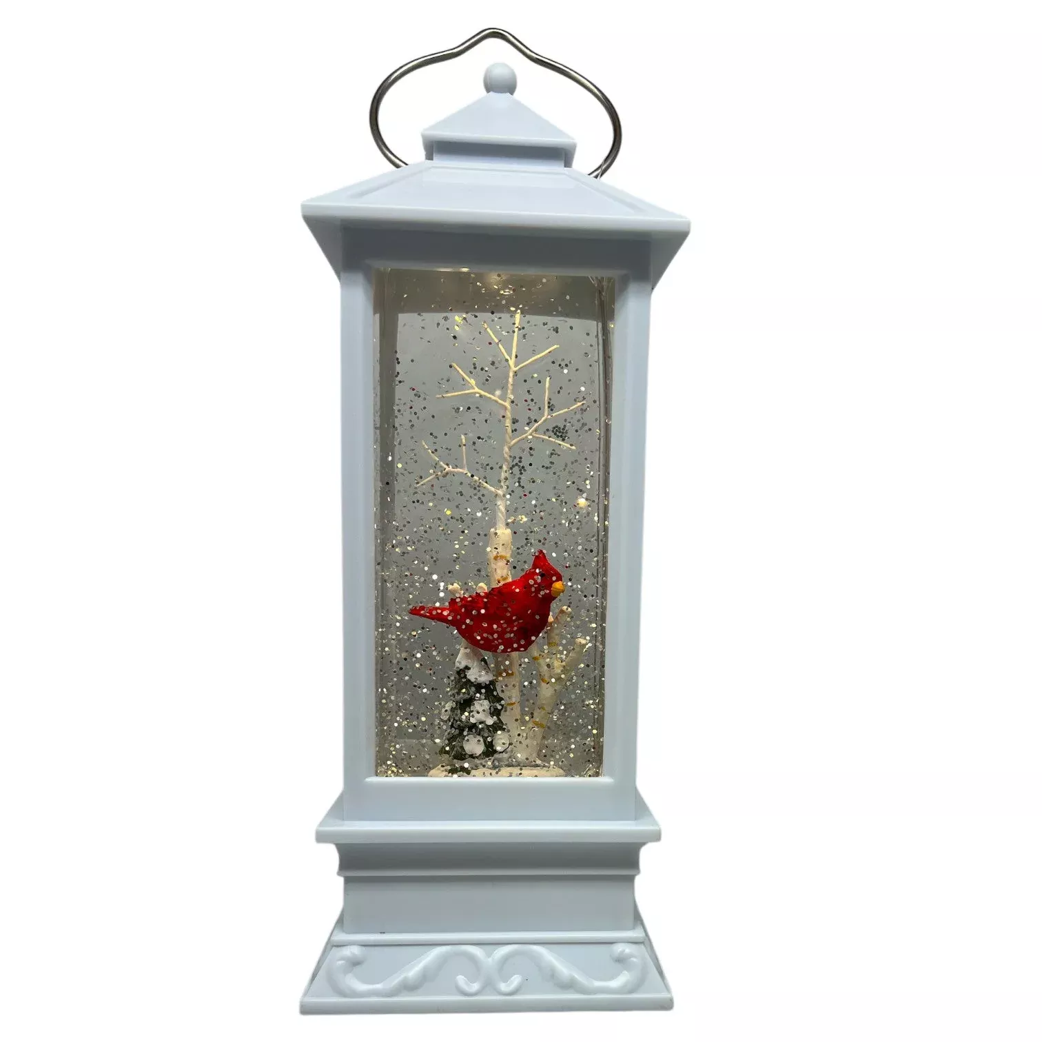 Lighted Spinning Water Lantern with Winter Scene With Single Cardinal