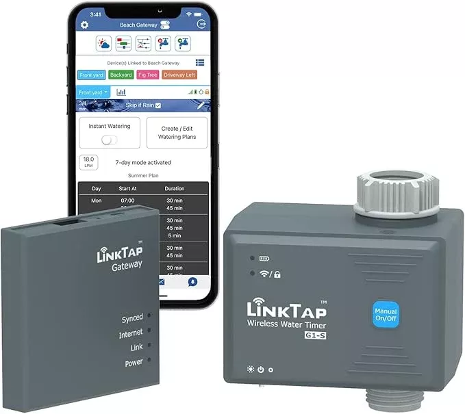 LinkTap G1S Wireless Water Timer & Gateway - Smart Sprinkler Timer with App, Remote Irrigation for Garden, Weather Aware, Greater Range than WiFi, Manual Control & Digital Lockout, 2 Year Battery Life
