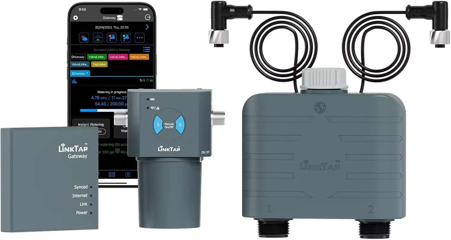 LinkTap T1 Smart 2-Zone Water Timer & Gateway, Built-in Flow Meters, Real-Time Fault Detection & Notification, Weather Adaptive, Better Range Than WiFi Hose Timer, IP66, Alexa, 2-Year Warranty