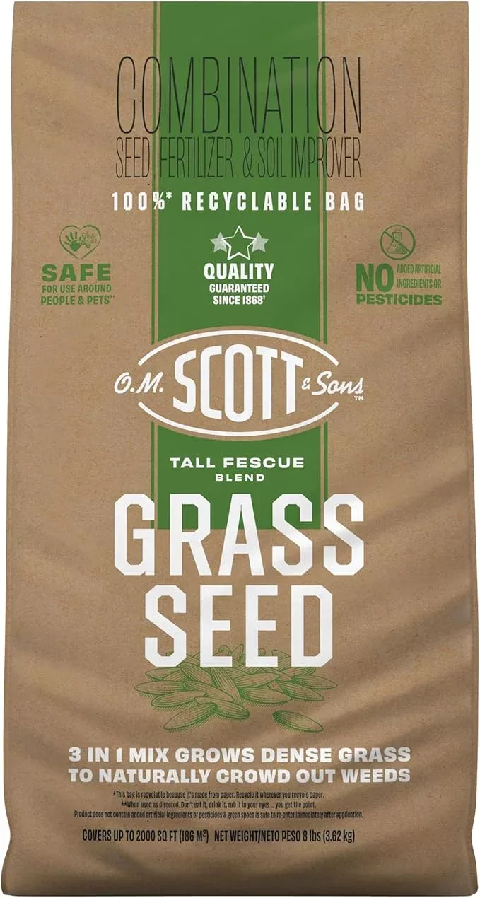 O.M. Scott and Sons Tall Fescue Blend Grass Seed, Fertilizer and Soil Improver, Naturally Crowds Out Weeds, Covers Up to 2,000 sq. ft., 8 lbs., 2-Pack