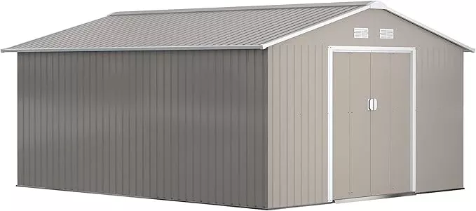 Outsunny 11' x 13' Outdoor Storage Shed, Garden Tool Metal Shed with Foundation Kit, Double Lockable Door, Air Vents and Sloping Roof, for Backyard, Patio, Lawn, White