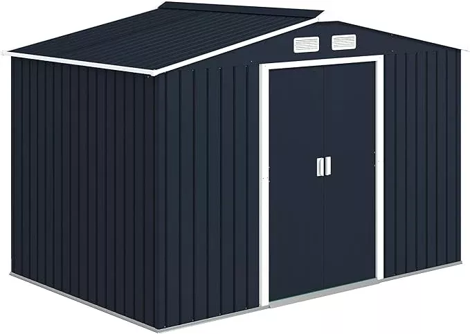 Outsunny 9' x 6' Outdoor Storage Shed, Garden Tool Metal Shed with Foundation Kit, Double Lockable Door, Air Vents and Sloping Roof, for Backyard, Patio, Lawn, Green