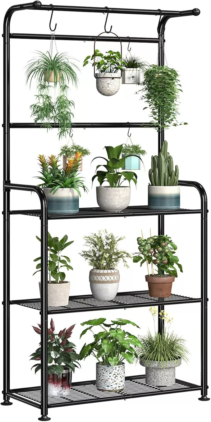 Plant Stand Indoor Outdoor, Heavy Duty Metal 3 Tiered Tall Hanging Plant Shelf for Multiple Flower Planter Holder 67" Large Rack for Living Room Garden Balcony, Black