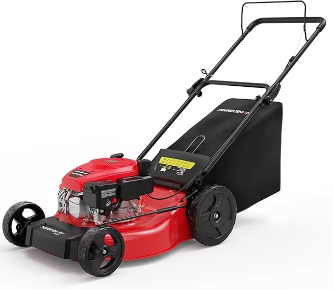 PowerSmart 21-inch Gas Push Lawn Mower, 144cc 4-Stroke Engine with Easy Adjustable Cutting Height, High Wheels, 2-in-1 with Mulch, Bag