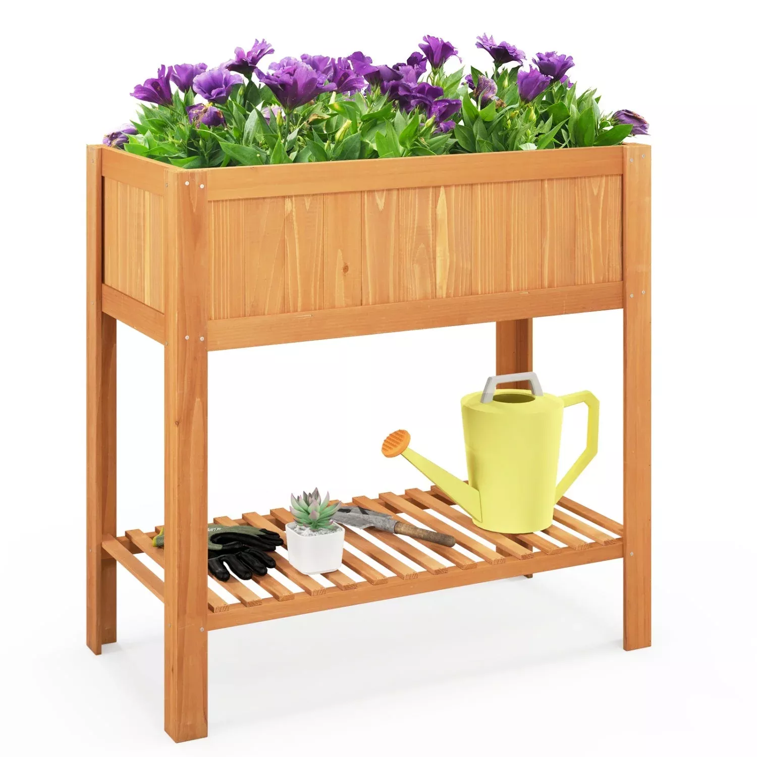 Raised Garden Bed with Storage Shelf – Fir Wood Planter Box