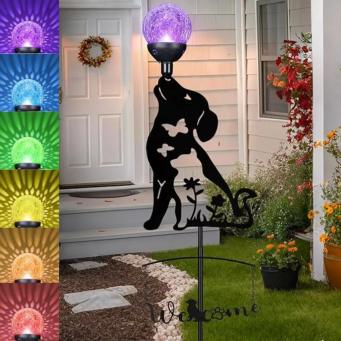 Solar Outdoor Garden Stakes with Crystal Ball Light Solar Metal Dog Statue Black Dog Patio Garden Decorative Stakes with Solar Lantern Christmas Birthday Gifts