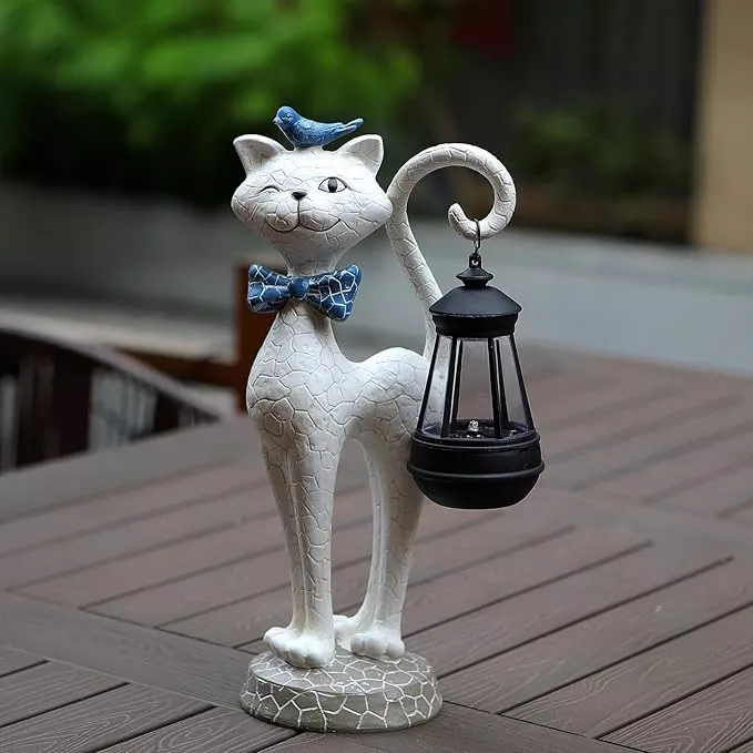 Solar Outdoor Garden Statues Light,Cat Figurines with Cute Birds Garden Sculpture Decor, Unique Christmas Gifts for Women, Men or Daughter, Housewarming Gifts and Yard Decoration