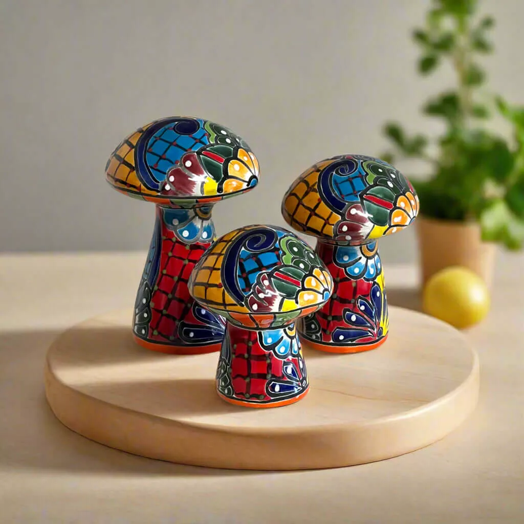 Talavera Mushroom Trio | Colorful Hand-Painted Mexican Garden Decor