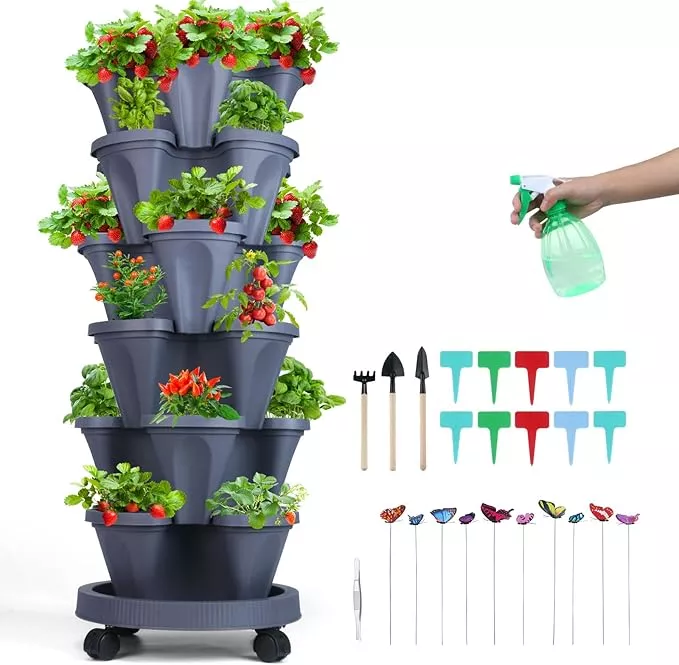 Vertical Planter, 6 Tier Stackable Strawberry Planter with Garden Tool Set, Movable Indoor/Outdoor Garden Herb Pot for Growing Vegetables and Succulents, Teal