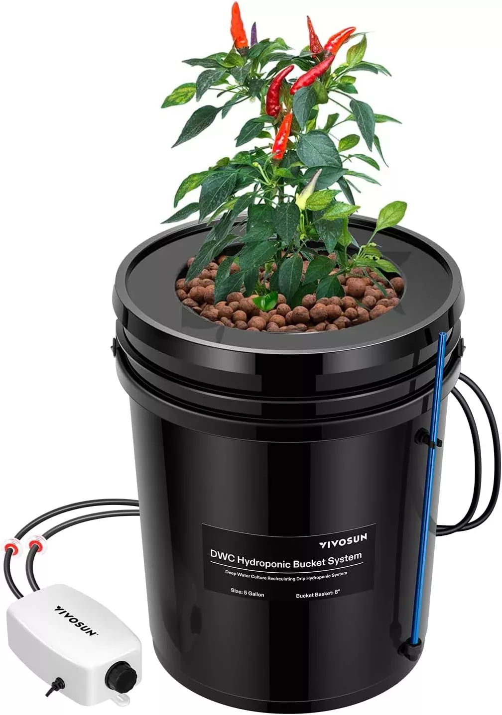 VIVOSUN DWC Hydroponics Grow System with Top Drip Kit, 5-Gallon Deep Water Culture, Recirculating Drip Garden System with Multi-Purpose Air Hose, Air Pump, and Air Stone (2 Buckets + Top Drip Kit)