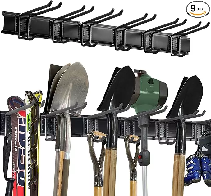 Wall Mount Tool Storage Rack, Heavy Duty Garage Storage Tool Organizer, Garden Tool Wall Hooks and Hangers, Hold Up to 350lbs Black 2Pack, AK806-Black-2Pack