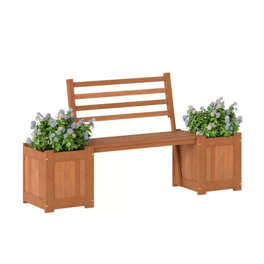 Wood Planter Box with Bench and Backrest for Garden Yard Balcony
